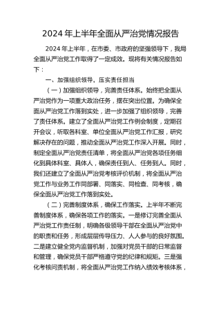 2024年上半年全面从严治党情况报告2000字