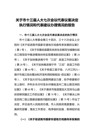 关于市十三届人大七次会议代表议案决定执行情况和代表建议办理情况的报告