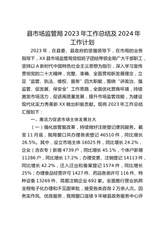 县市场监管局2023年工作总结及2024年工作计划