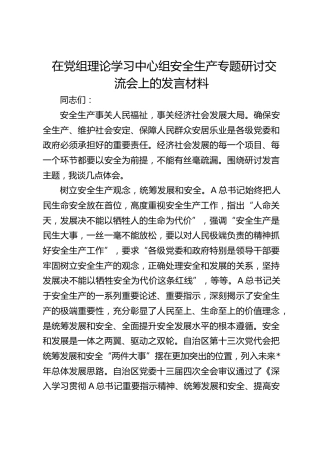 在中心组安全生产专题研讨交流会上的发言材料