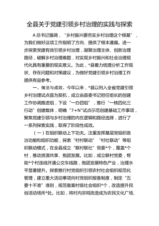 全县关于党建引领乡村治理的实践与探索（调研报告参考）