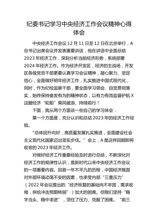 纪委书记学习中央经济工作会议精神心得体会（发言）