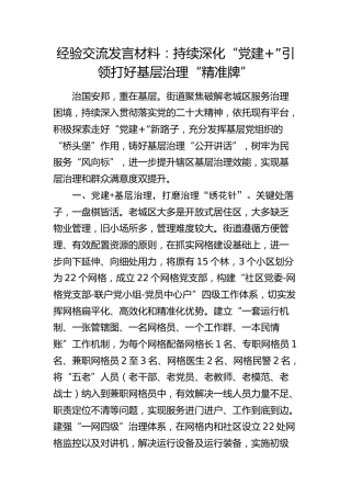 党建经验发言：持续深化“党建+”引领   打好基层治理“精准牌”