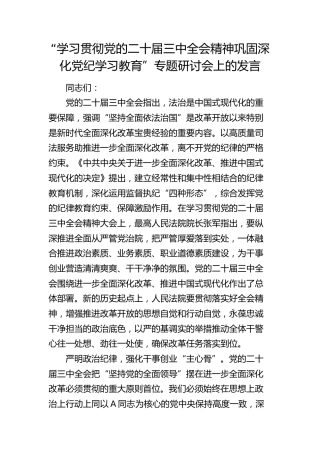 学习贯彻三中全会精神 巩固深化党纪学习教育专题研讨发言（法院2500字）