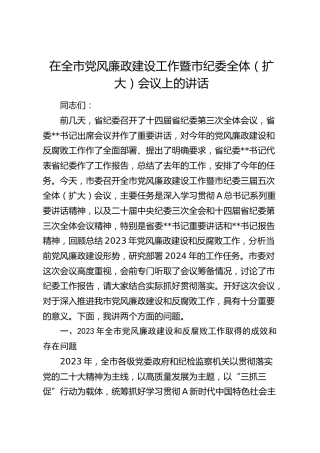 在全市党风廉政建设工作暨市纪委全体会议上的讲话5200字