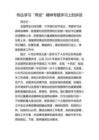 在传达学习“两会”精神专题学习上的讲话4100字