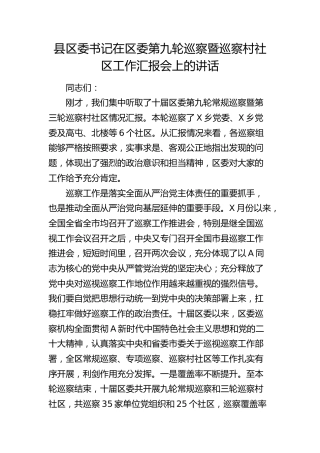 县区委书记在区委第九轮巡察暨巡察村社区工作汇报会上的讲话