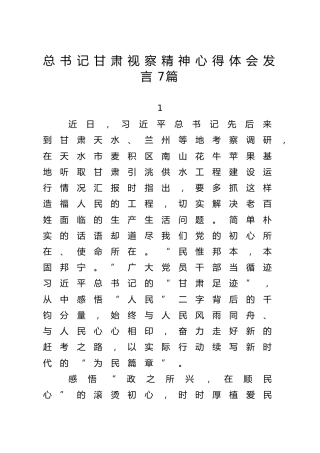 总书记甘肃视察精神心得体会发言7篇