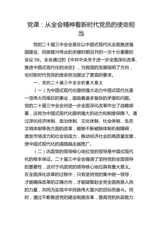三中全会党课：从全会精神看新时代党员的使命担当2900字