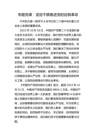二十届纪委三次全会精神党课：坚定不移推进党的自我革命