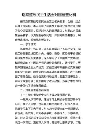 巡察整改民主生活会对照检查材料素材