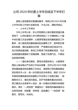 公司纪委2024年上半年总结