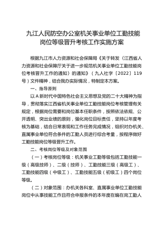 机关事业单位工勤技能岗位等级晋升考核工作实施方案