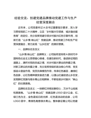 经验交流：创建党建品牌 推动党建工作与生产经营深度融合