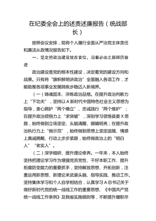 在纪委全会上的述责述廉报告（统战部长）