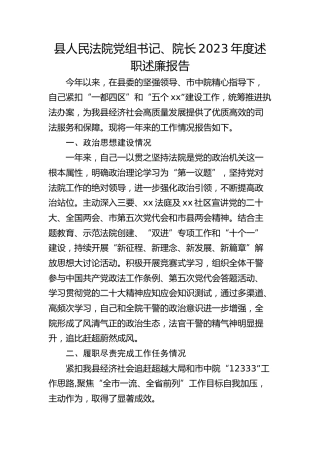 县人民法院党组书记、院长2023年度述职述廉报告
