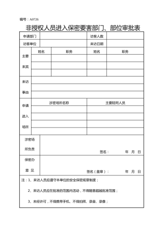 A0726  非授权人员进入保密要害部门、部位审批表