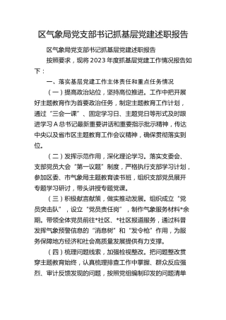区气象局党支部书记抓基层党建述职报告（落实基层党建工作主体责任和重点任务、意识形态、党风廉政建设责任制三个方面）