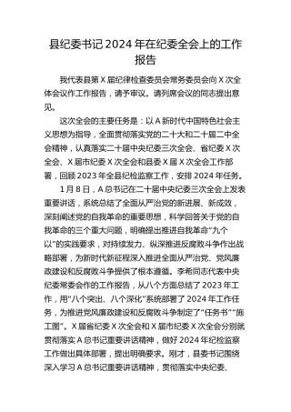 县纪委书记2024年在纪委全会上的工作报告12000字（23年纪检监察总结、24年计划要点）