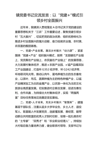 乡镇党委书记交流发言：以“党建+”模式引领乡村全面振兴