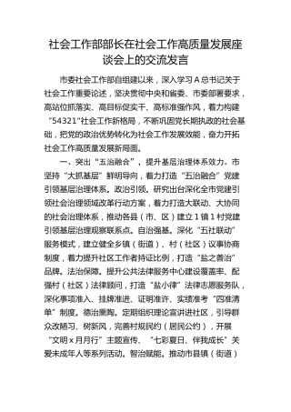 社会工作部部长在社会工作高质量发展座谈会上的交流发言