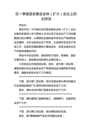 在一季度县安委会全体（扩大）会议上的主持词