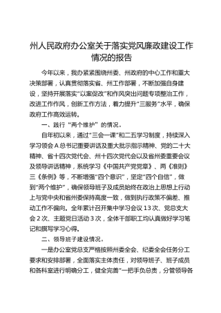 政府办公室落实党风廉政建设工作情况报告（2300字总结）