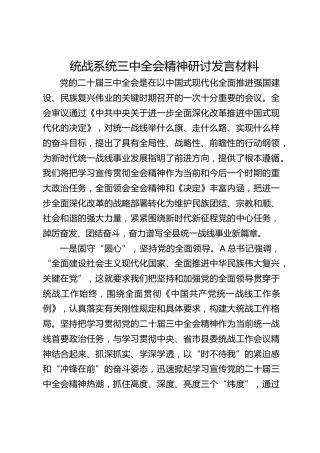 统战系统学习贯彻三中全会精神研讨发言