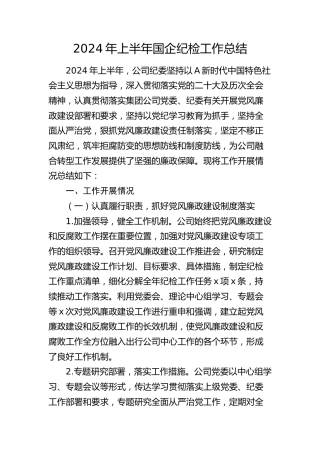 2024年上半年国企公司纪检工作总结5000字√
