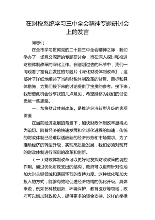 在财税系统学习全会精神专题研讨会上的发言3900字（财政）