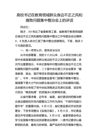高校书记在教育领域群众身边不正之风和腐败问题集中整治会上的讲话（学校）