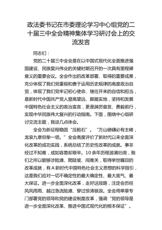 政法委书记在中心组三中全会精神集体学习研讨会上的发言√