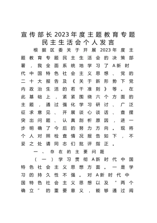 宣传部长2023年度主题教育专题民主生活会对照检查4100字