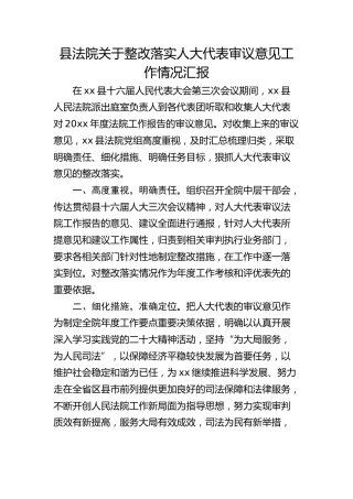 县法院关于整改落实人大代表审议意见工作情况汇报