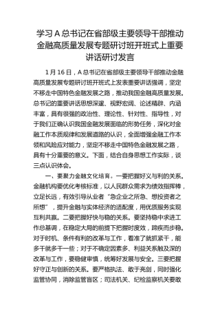 总书记在省部级主要领导干部推动金融高质量发展专题研讨班开班式上重要讲话研讨发言