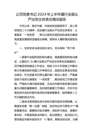 公司书记2024年上半年履行全面从严治党主体责任情况报告（3000字总结）