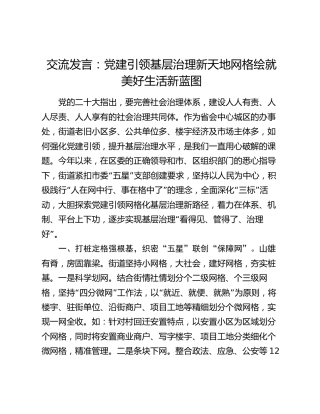 交流发言：党建引领基层治理新天地 网格绘就美好生活新蓝图