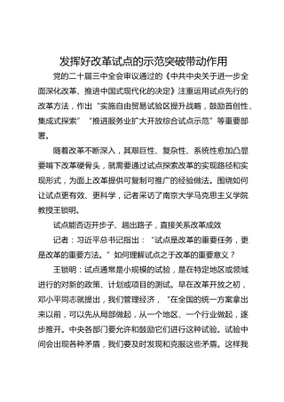 发挥好改革试点的示范突破带动作用