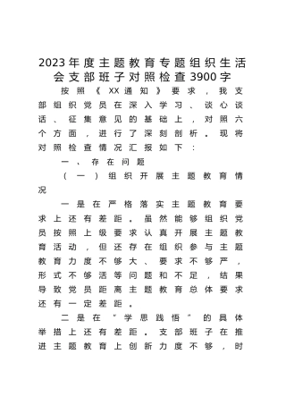 2023年度主题教育专题组织生活会支部班子对照检查3900字
