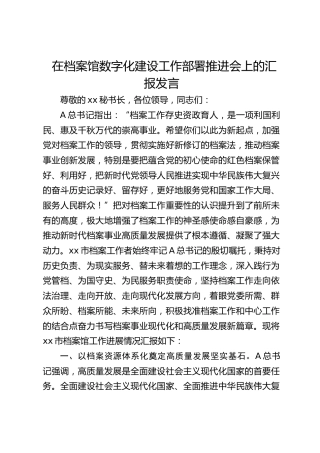 在档案馆数字化建设工作部署推进会上的汇报发言