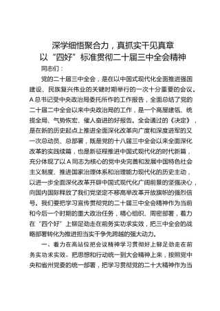 三中全会研讨发言：深学细悟聚合力，真抓实干见真章以“四好”标准全面贯彻全会精神