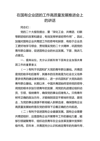 在国企公司团的工作高质量发展推进会上的讲话