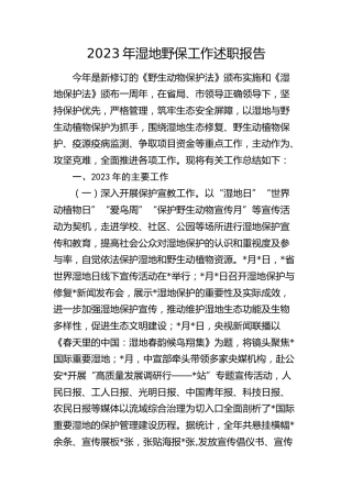 2023年湿地野保工作述职报告（总结）
