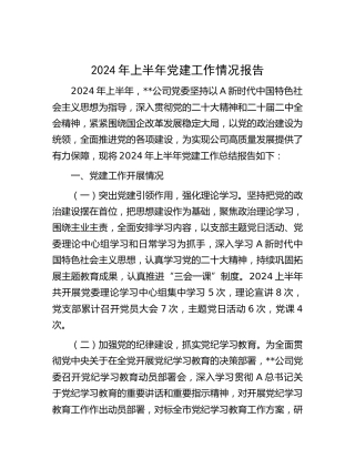 2024年公司上半年党建工作总结4000字