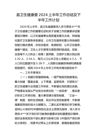 县卫健委2024上半年工作总结及下半年工作计划