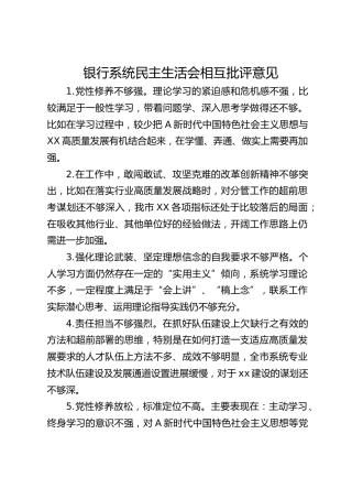 银行系统民主生活会班子成员相互批评意见