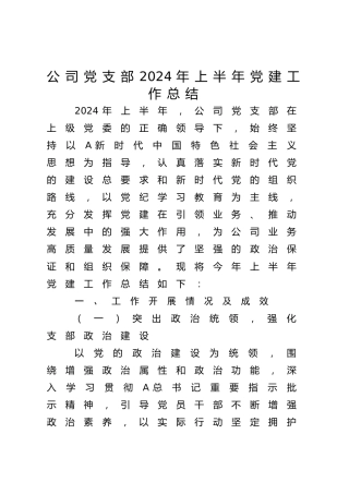 公司党支部2024年上半年党建工作总结4000字