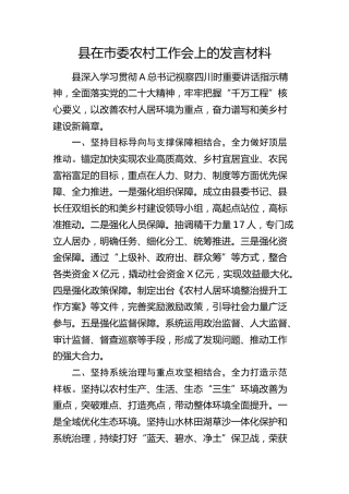 县在市委农村工作会上的发言材料
