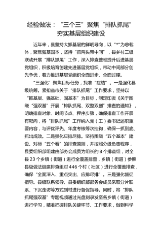 经验做法：“三个三”聚焦“排队抓尾”夯实基层组织建设（发言）