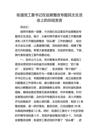 街道党工委书记在2024年巡察整改专题民主生活会上的总结发言1900字